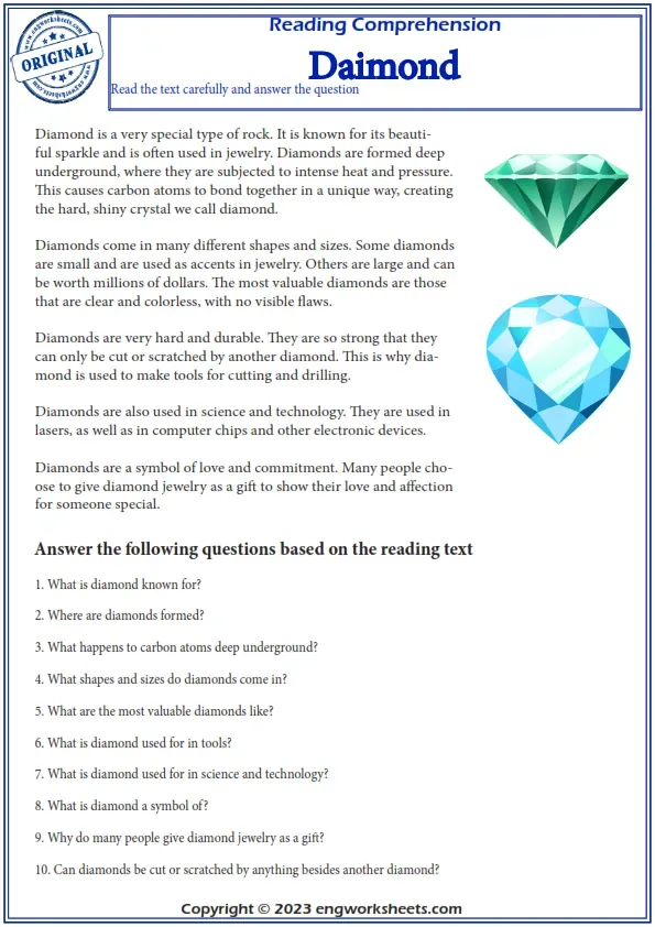 Reading Comprehension Worksheets - Diamond. Worksheet Preview