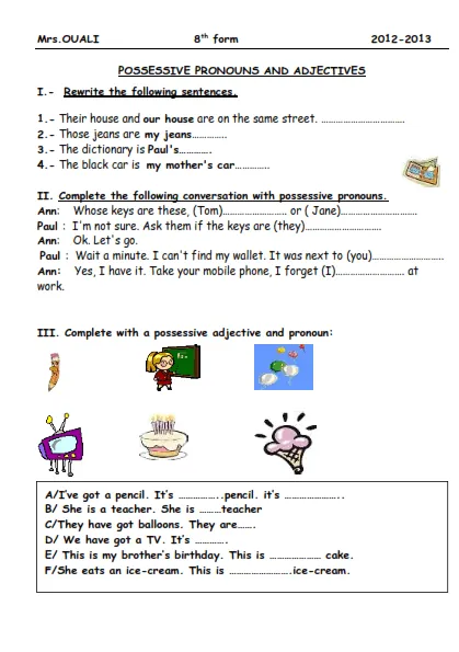 Possessive Pronouns And Adjectives Worksheet Preview
