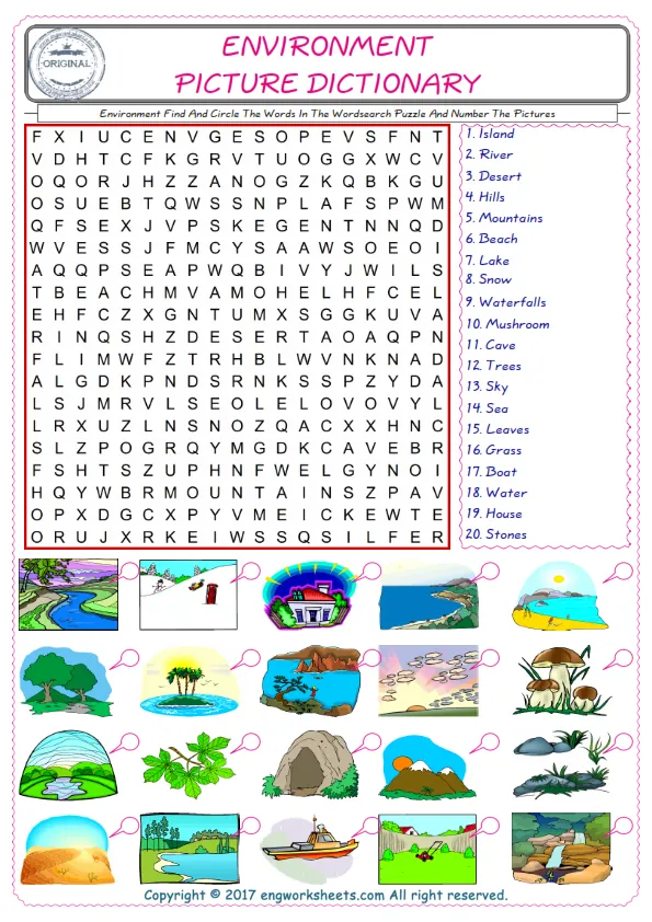 ESL wordsearch worksheets for kids, find Environment words in the word wordsearch write its number on its picture English worksheet. Worksheet Preview