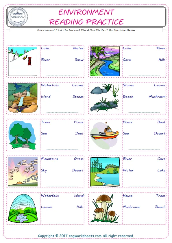Check the picture of the Environment for kids ESL worksheet for supplying the correct one among three words into the blank place. Worksheet Preview