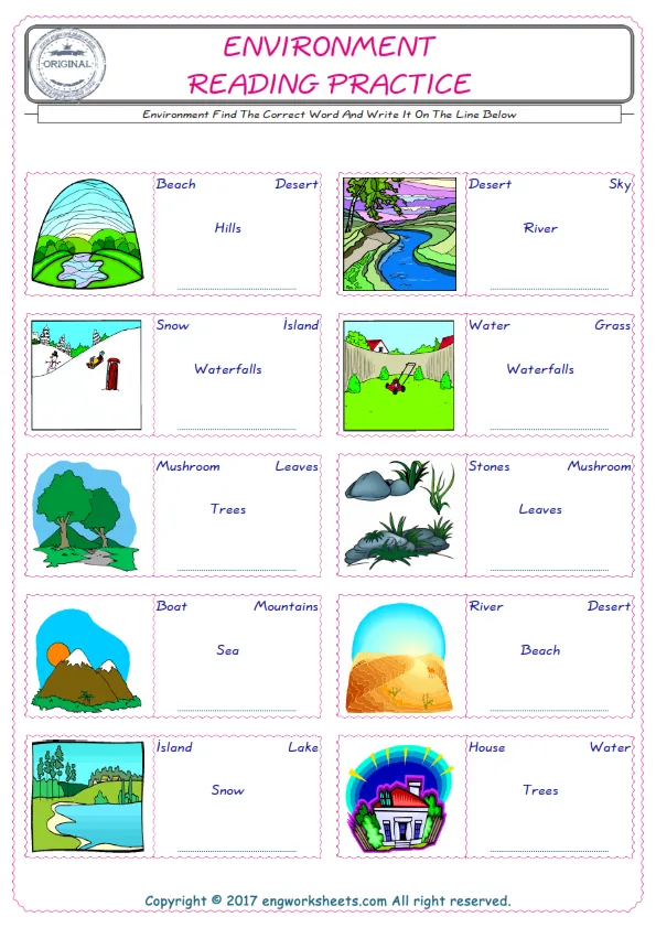 Check the picture of the Environment for kids ESL worksheet for supplying the correct one among four words into the blank place. Worksheet Preview