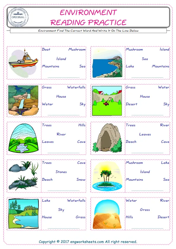 Check the picture of the Environment for kids ESL worksheet for supplying the correct one among five words into the blank place. Worksheet Preview