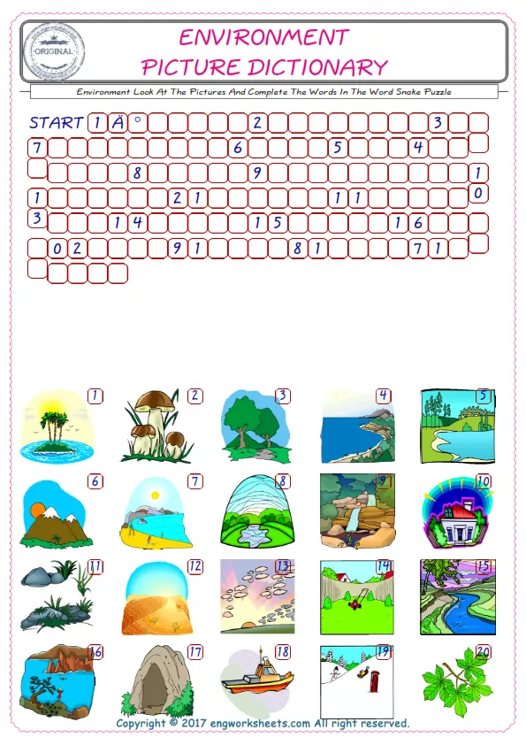 Check the Illustrations of Environment english worksheets for kids, and Supply the Missing Words in the Word Snake Puzzle ESL play. Worksheet Preview