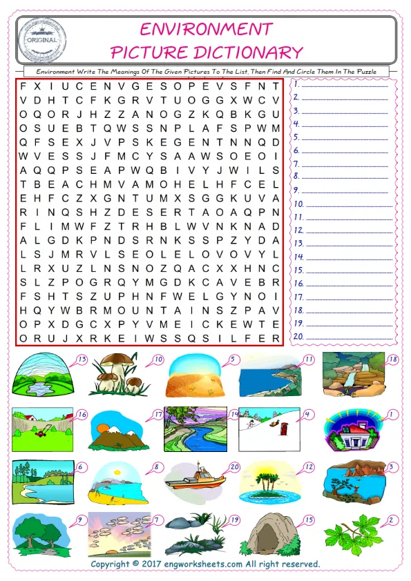 For kids, check the picture of Environment find, and write the word and find it in the word puzzle ESL printable worksheet. Worksheet Preview