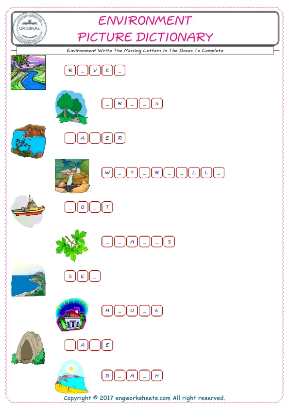Type in the blank and learn the missing letters in the Environment words given for kids English worksheet. Worksheet Preview