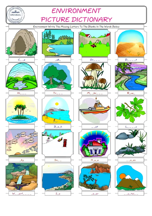 Environment Words English worksheets For kids, the ESL Worksheet for finding and typing the missing letters of Environment Words Worksheet Preview