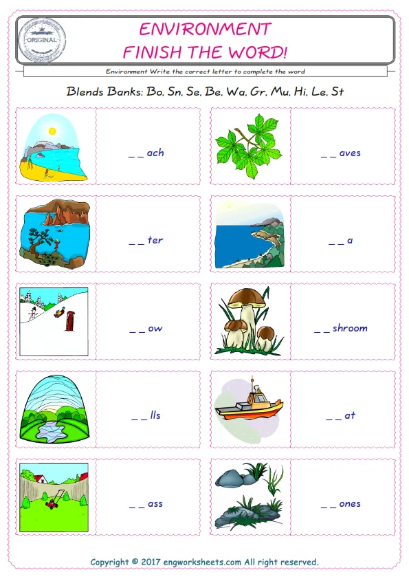 For kids, the Environment English worksheet for supplying into the correct blank place given letters special to the Environment Words. Worksheet Preview