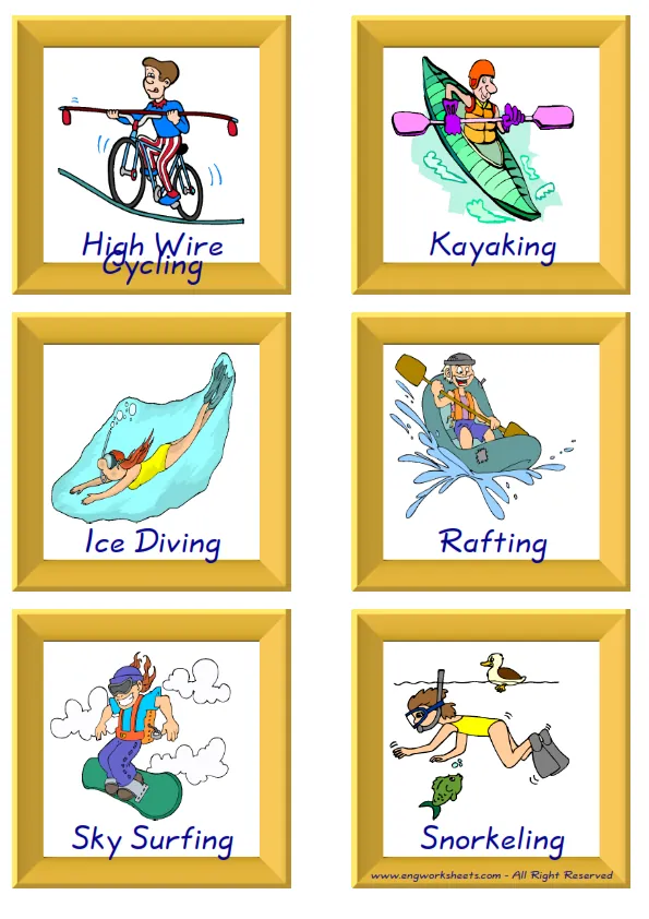 ESL Flashcard together with words containing Extreme Sports Water-Air picture for kids and teachers.