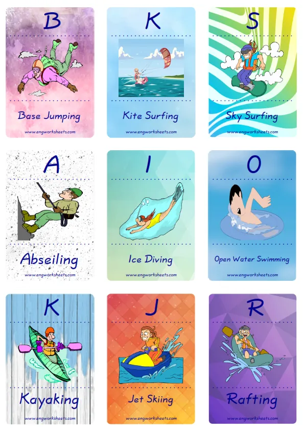 Mini size enjoyable ESL Flashcard Extreme Sports Water-Air for kids and teachers.