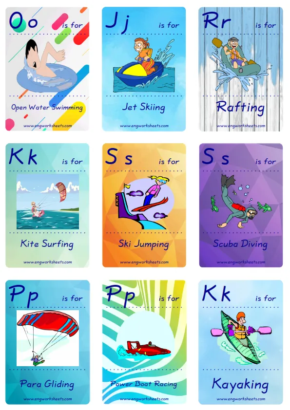 Mini size ESL Flashcard Extreme Sports Water-Air for kids and teachers.
