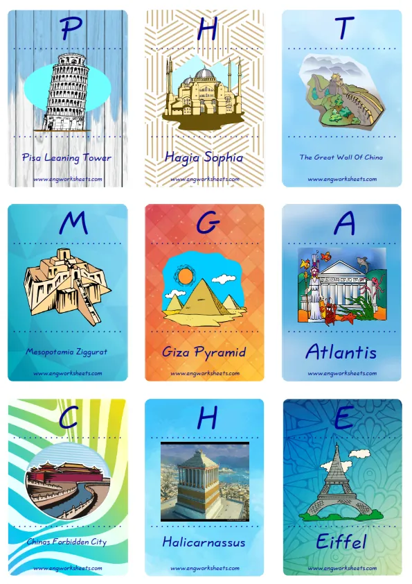 Mini size enjoyable ESL Flashcard Famous Architecture for kids and teachers. Worksheet Preview