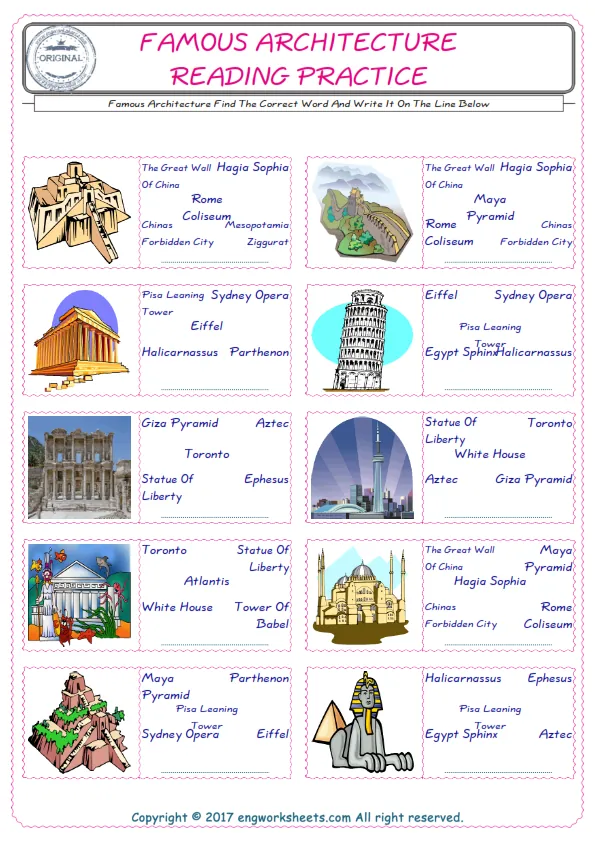 Check the picture of the Famous Architecture for kids ESL worksheet for supplying the correct one among five words into the blank place. Worksheet Preview