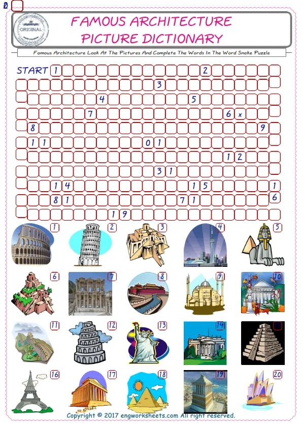 Check the Illustrations of Famous Architecture english worksheets for kids, and Supply the Missing Words in the Word Snake Puzzle ESL play. Worksheet Preview