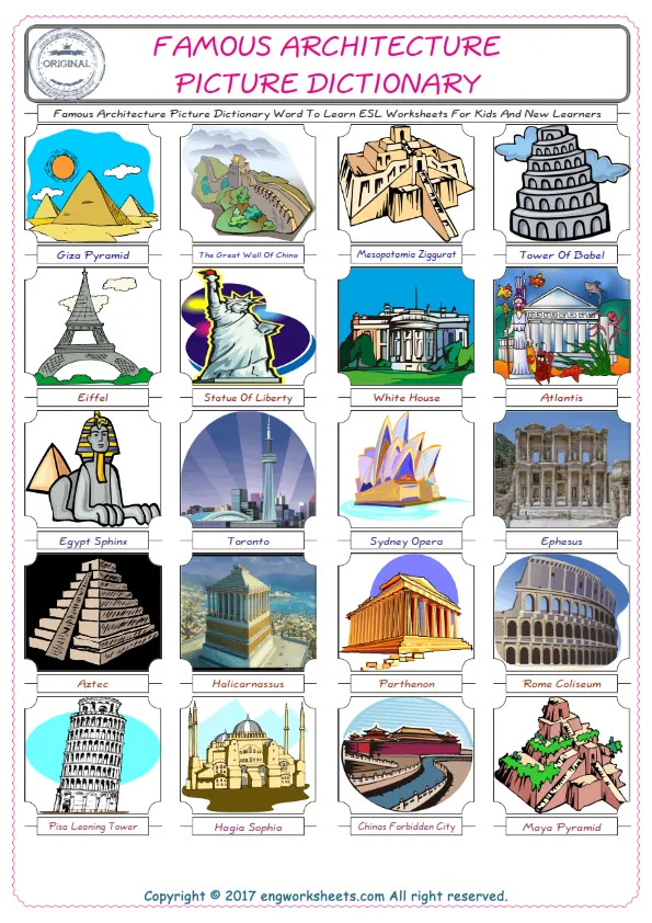 Famous Architecture English Worksheet for Kids ESL Printable Picture Dictionary Worksheet Preview