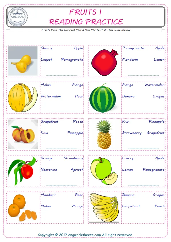 Check the picture of the Fruits for kids ESL worksheet for supplying the correct one among three words into the blank place. Worksheet Preview