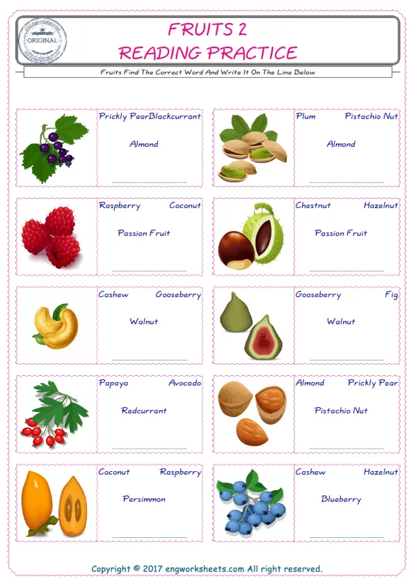 Check the picture of the Fruits for kids ESL worksheet for supplying the correct one among four words into the blank place. Worksheet Preview
