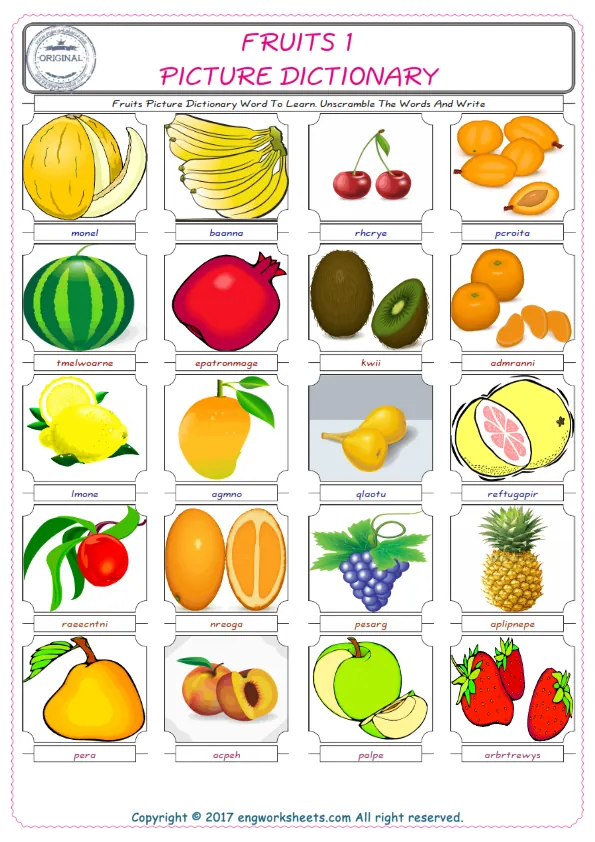 Fruits ESL Worksheets For kids, the exercise worksheet of finding the words given complexly and supplying the correct one. Worksheet Preview