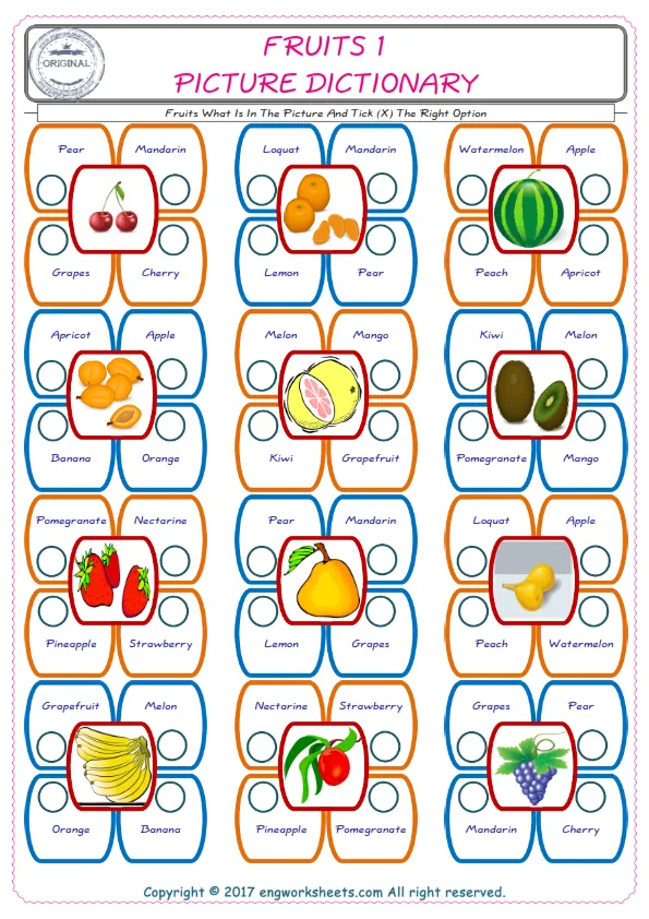 check the picture, mark the correct option amongst the given Fruits words English worksheet for kids Worksheet Preview