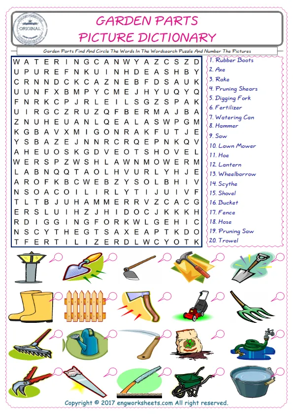 ESL wordsearch worksheets for kids, find Garden Parts words in the word wordsearch write its number on its picture English worksheet. Worksheet Preview
