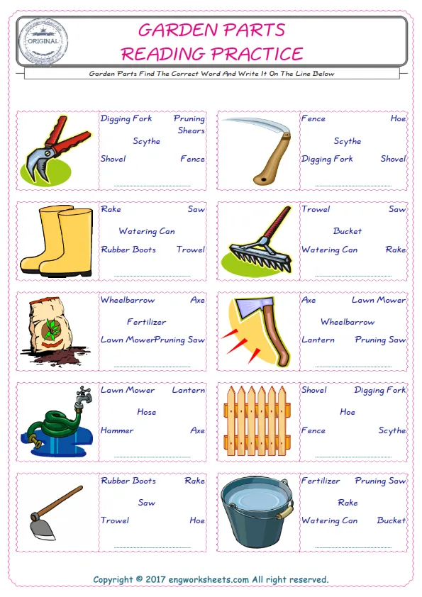 Check the picture of the Garden Parts for kids ESL worksheet for supplying the correct one among five words into the blank place. Worksheet Preview