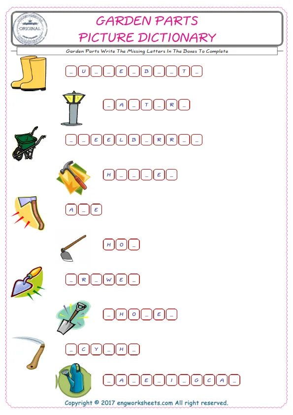 Type in the blank and learn the missing letters in the Garden Parts words given for kids English worksheet. Worksheet Preview