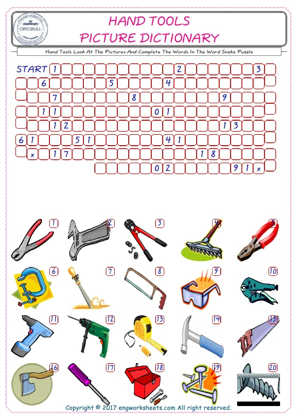 Check the Illustrations of Hand Tools english worksheets for kids, and Supply the Missing Words in the Word Snake Puzzle ESL play. Worksheet Preview