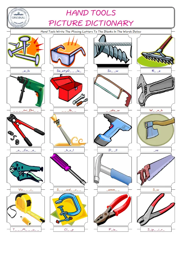 Hand Tools Words English worksheets For kids, the ESL Worksheet for finding and typing the missing letters of Hand Tools Words Worksheet Preview