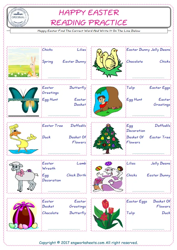 Check the picture of the Happy Easter for kids ESL worksheet for supplying the correct one among three words into the blank place. Worksheet Preview