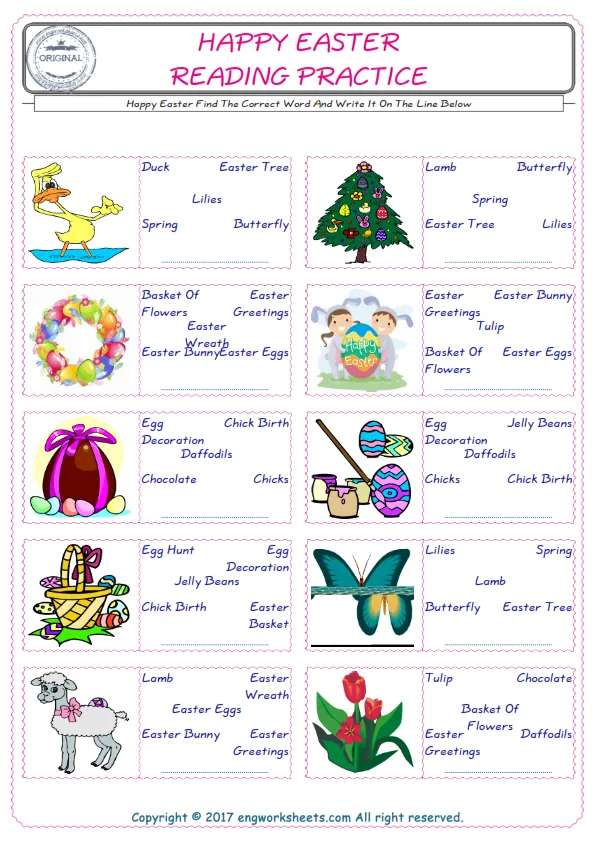 Check the picture of the Happy Easter for kids ESL worksheet for supplying the correct one among five words into the blank place. Worksheet Preview