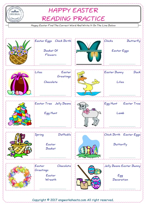 Check the picture of the Happy Easter for kids ESL worksheet for supplying the correct one among four words into the blank place. Worksheet Preview