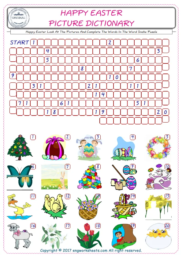 Check the Illustrations of Happy Easter english worksheets for kids, and Supply the Missing Words in the Word Snake Puzzle ESL play. Worksheet Preview