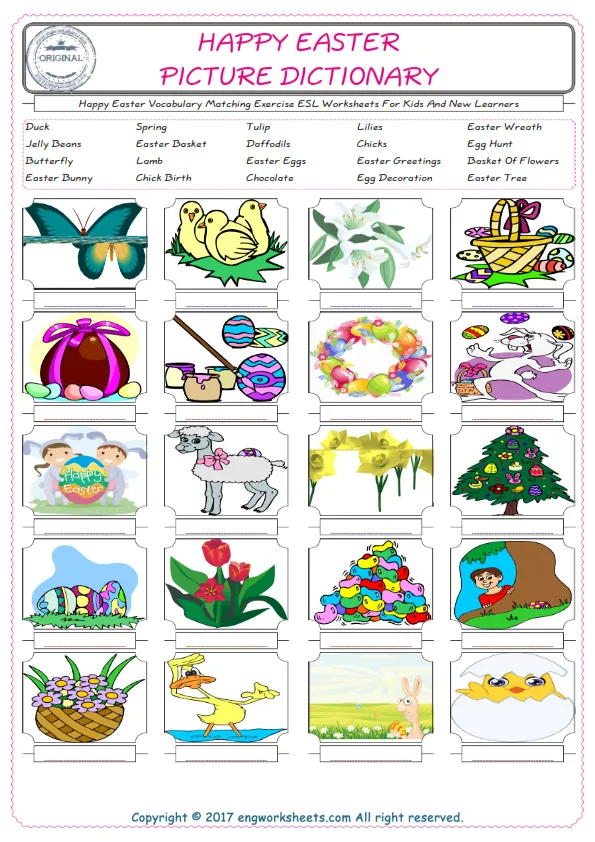 Happy Easter for Kids ESL Word Matching English Exercise Worksheet. Worksheet Preview