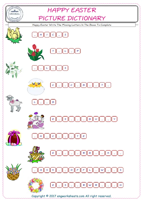 Type in the blank and learn the missing letters in the Happy Easter words given for kids English worksheet. Worksheet Preview