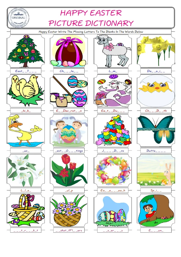 Happy Easter Words English worksheets For kids, the ESL Worksheet for finding and typing the missing letters of Happy Easter Words Worksheet Preview