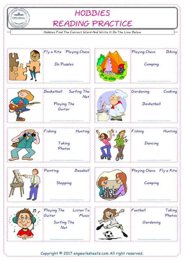 Check the picture of the Hobbies for kids ESL worksheet for supplying the correct one among four words into the blank place. Worksheet Preview