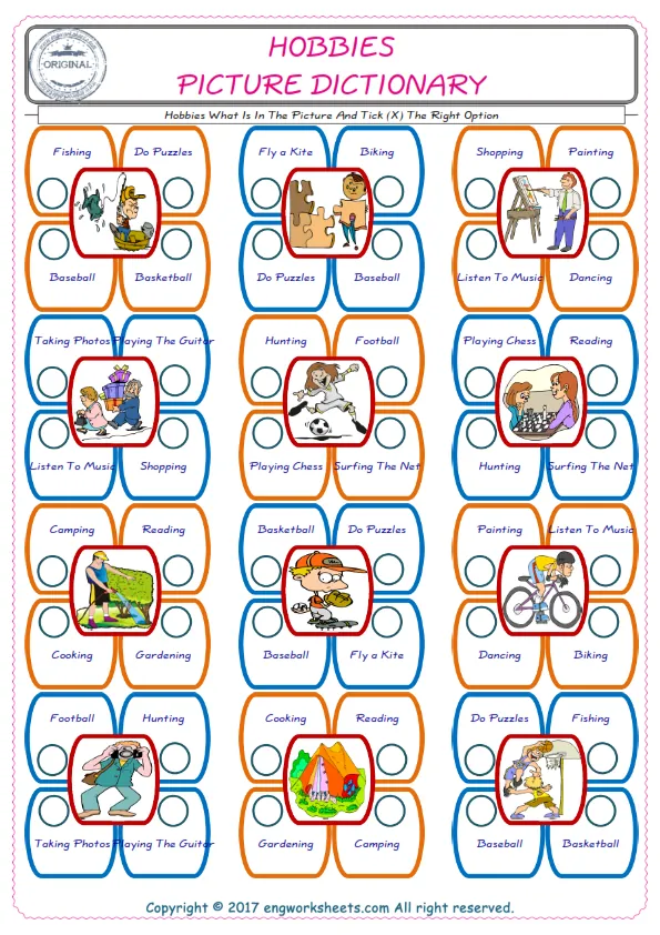 check the picture, mark the correct option amongst the given Hobbies words English worksheet for kids Worksheet Preview