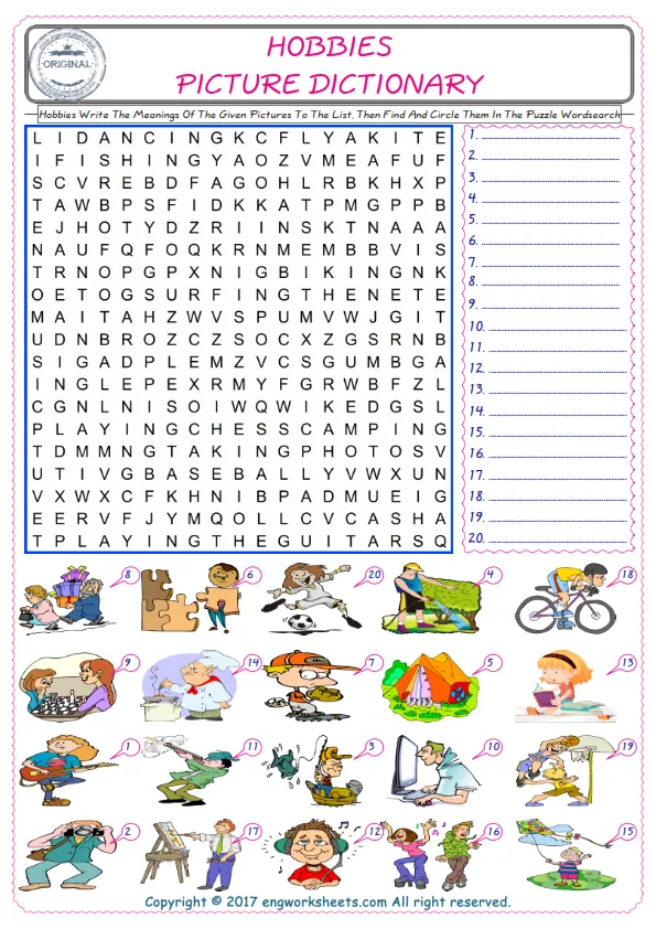 For kids, check the picture of Hobbies find, and write the word and find it in the word puzzle ESL printable worksheet. Worksheet Preview