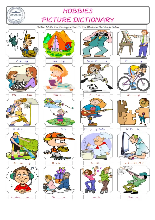 Hobbies Words English worksheets For kids, the ESL Worksheet for finding and typing the missing letters of Hobbies Words Worksheet Preview