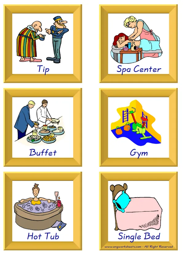 ESL Flashcard together with words containing Hotel picture for kids and teachers. Worksheet Preview