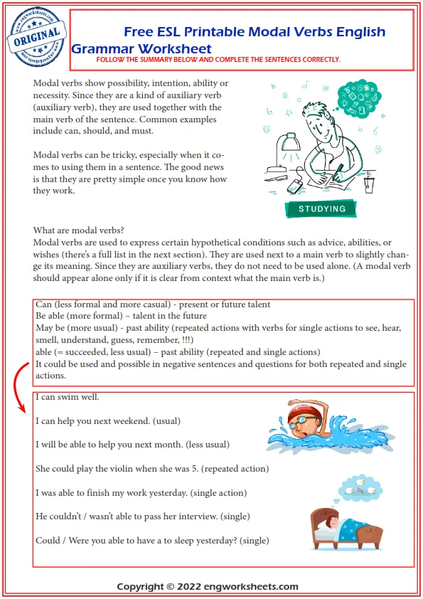 Free Esl Printable Modal Verbs English Grammar Worksheet Worksheet Preview