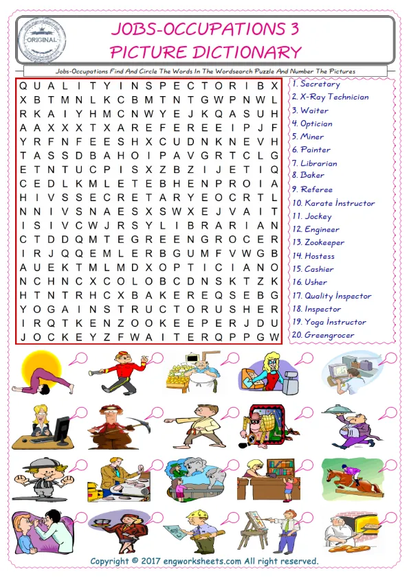 ESL wordsearch worksheets for kids, find Jobs-Occupations words in the word wordsearch write its number on its picture English worksheet. Worksheet Preview