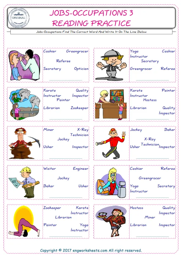 Check the picture of the Jobs-Occupations for kids ESL worksheet for supplying the correct one among five words into the blank place. Worksheet Preview