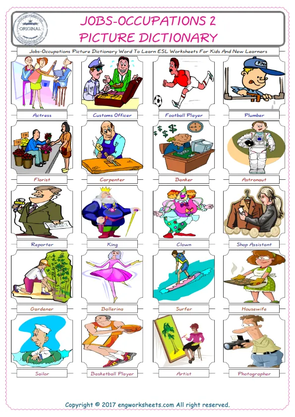 Jobs-Occupations English Worksheet for Kids ESL Printable Picture Dictionary Worksheet Preview