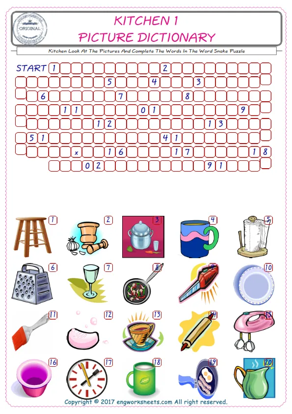 Check the Illustrations of Kitchen english worksheets for kids, and Supply the Missing Words in the Word Snake Puzzle ESL play. Worksheet Preview