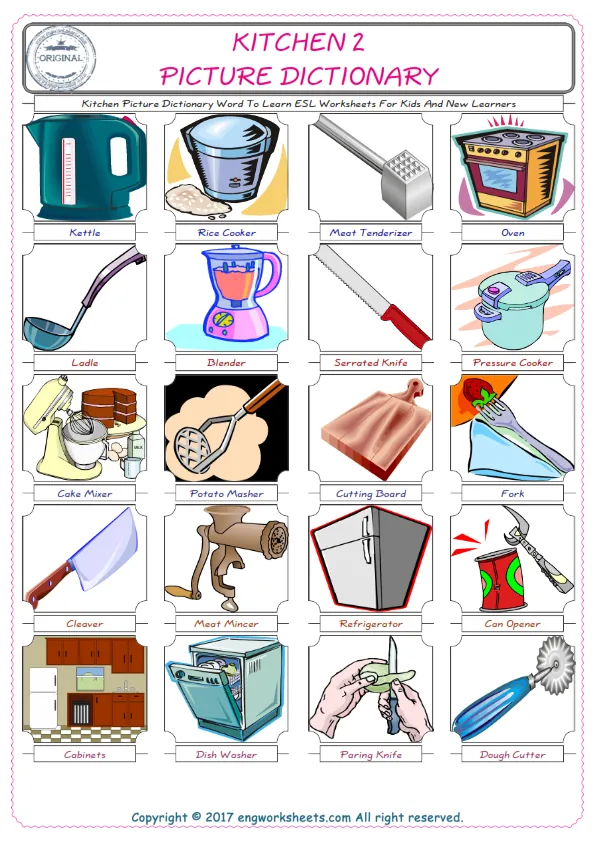 Kitchen English Worksheet for Kids ESL Printable Picture Dictionary Worksheet Preview