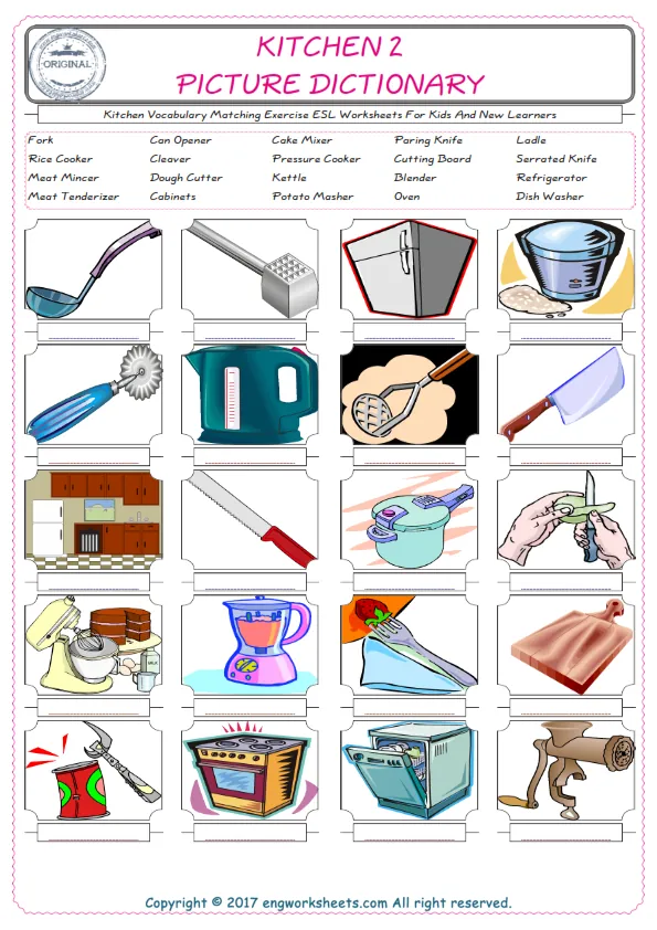 Kitchen for Kids ESL Word Matching English Exercise Worksheet. Worksheet Preview