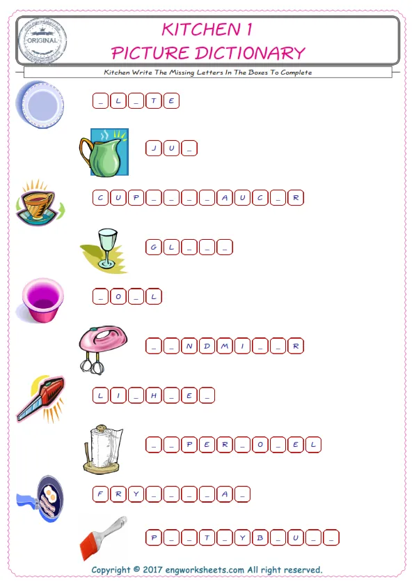 Type in the blank and learn the missing letters in the Kitchen words given for kids English worksheet. Worksheet Preview