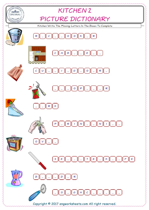 Type in the blank and learn the missing letters in the Kitchen words given for kids English worksheet. Worksheet Preview