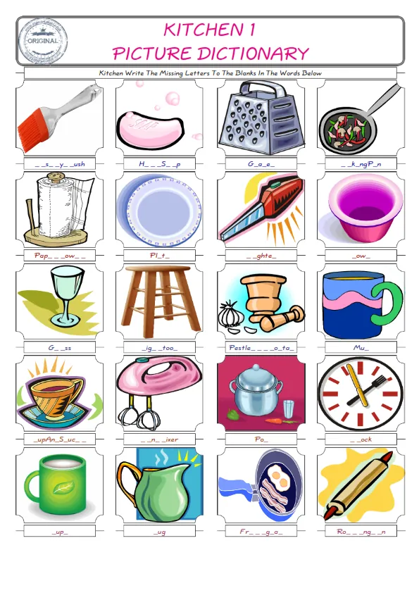 Kitchen Words English worksheets For kids, the ESL Worksheet for finding and typing the missing letters of Kitchen Words Worksheet Preview