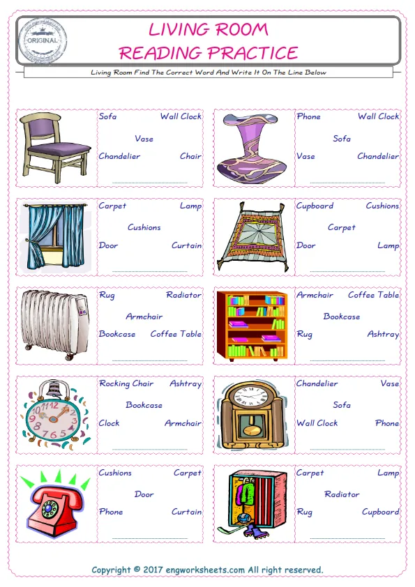 Check the picture of the Living Room for kids ESL worksheet for supplying the correct one among five words into the blank place. Worksheet Preview